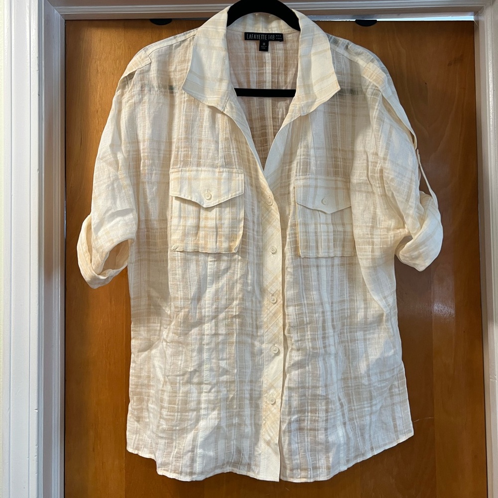 Lafayette 148 New York size 14 linen cotton blend button up camp shirt